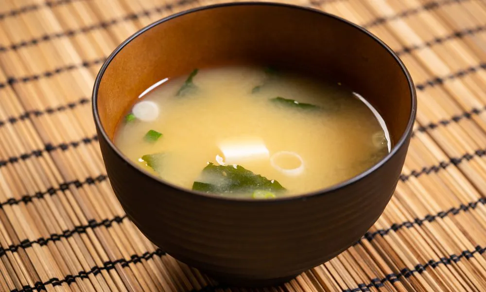 Miso soup with tofu, seaweed, and green onions at Kinzakaya Japanese Resturant, a Japanese restaurant in West Covina