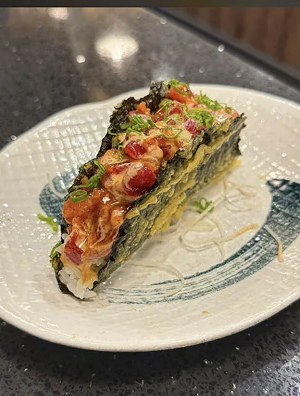 Sushi taco with spicy seafood filling and nori shell at Kinzakaya Japanese Resturant, a Japanese restaurant in West Covina