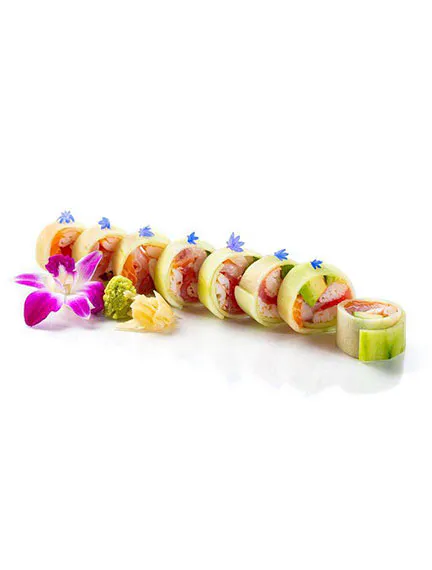 Thinly sliced cucumber-wrapped sushi rolls with edible flower garnish at Kinzakaya Japanese Resturant, a Japanese restaurant in West Covina